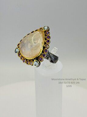 Natural 16ct Moonstone Amethyst Blue Topaz Ring 925 Sterling Silver Gold Accents